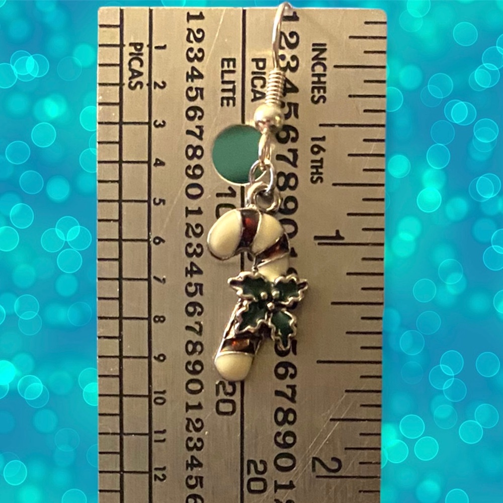 Handmade Candy Cane Earrings Dangle Christmas Red, White & Green Holly Pierced - Picture 3 of 4